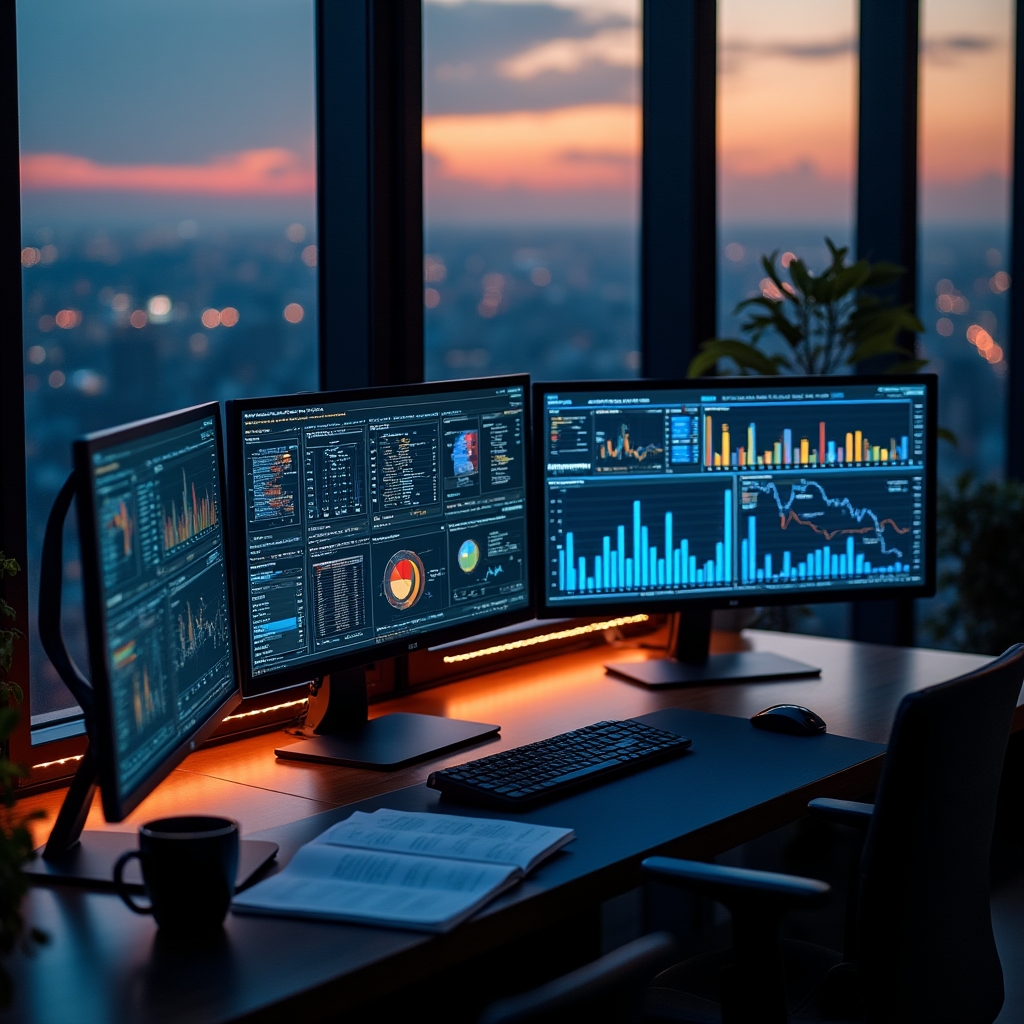 Рабочее место финансового аналитика с данными и графиками